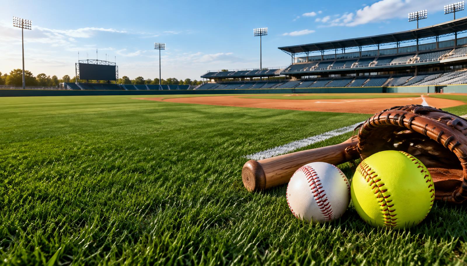 Pelotas de béisbol y softball, guante y bate en un estadio